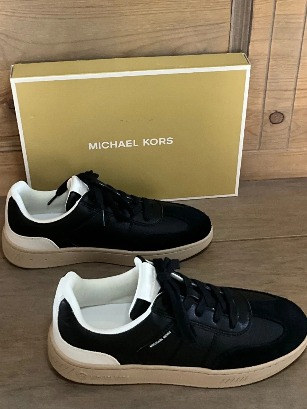 Michael Kors Kai Lace Up Sneakers Black Faux Leather NIB Women's 9.5